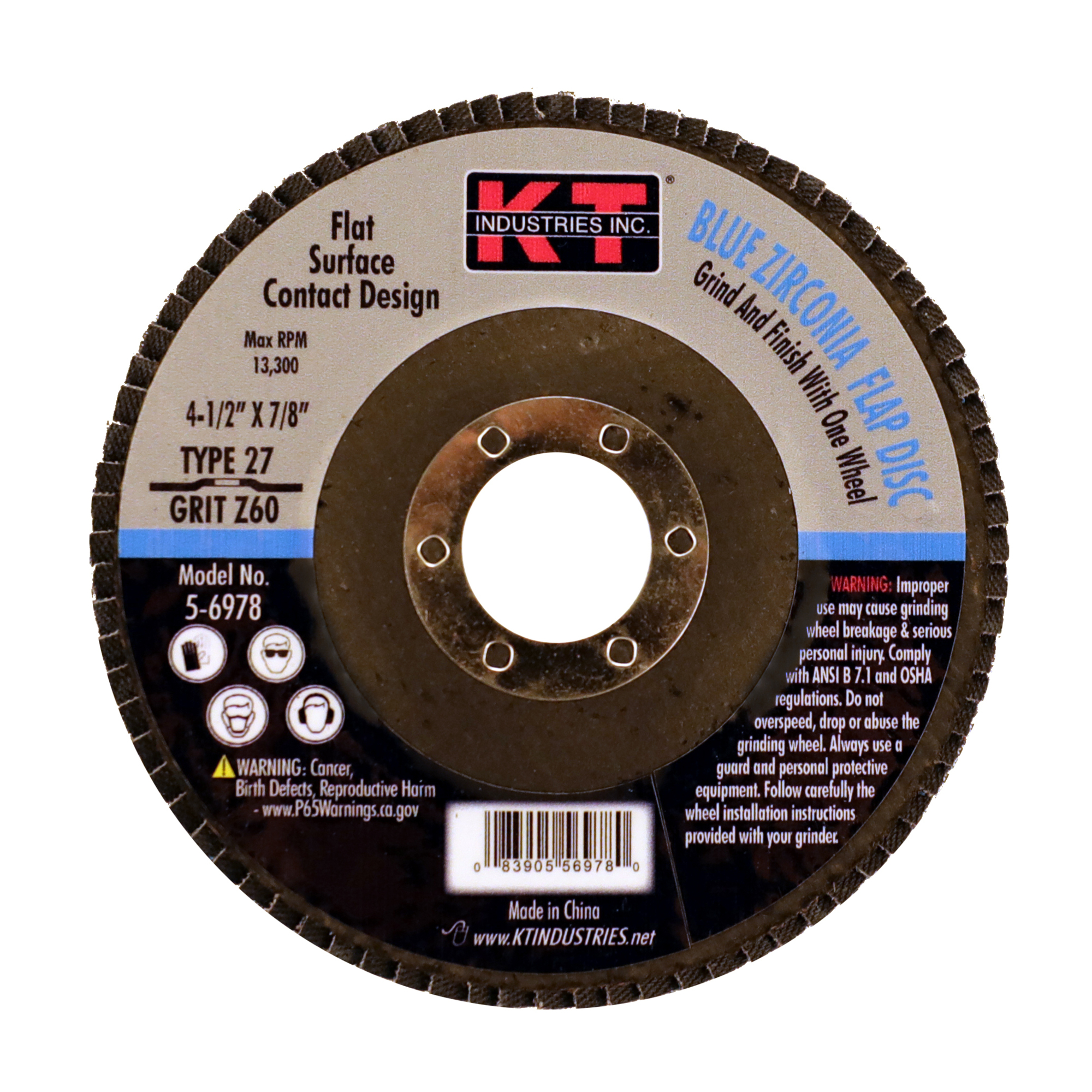 K-T Industries Blue Zirconia Flap Disc — 4 1/2in. x 7/8in., 60 Grit, Type 27, Model# 5-6978